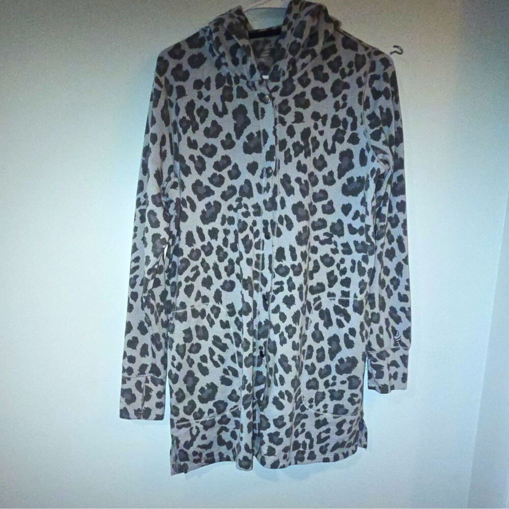 Cuddl Duds Comfortwear S Hooded Fleece Blend Sleep Shirt Gray Black Leopard
